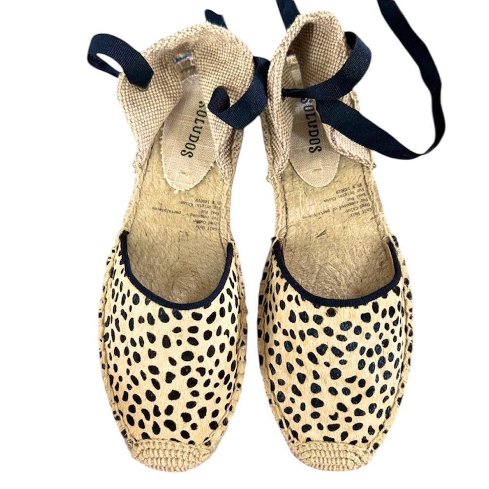 Soludos Cheetah Print Espadrilles with Black Trim and Navy Ankle Ties
